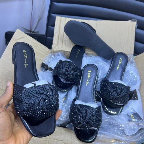 Olivia Miller Shimmering Crystal Knot Flat Slide Sandals - Black