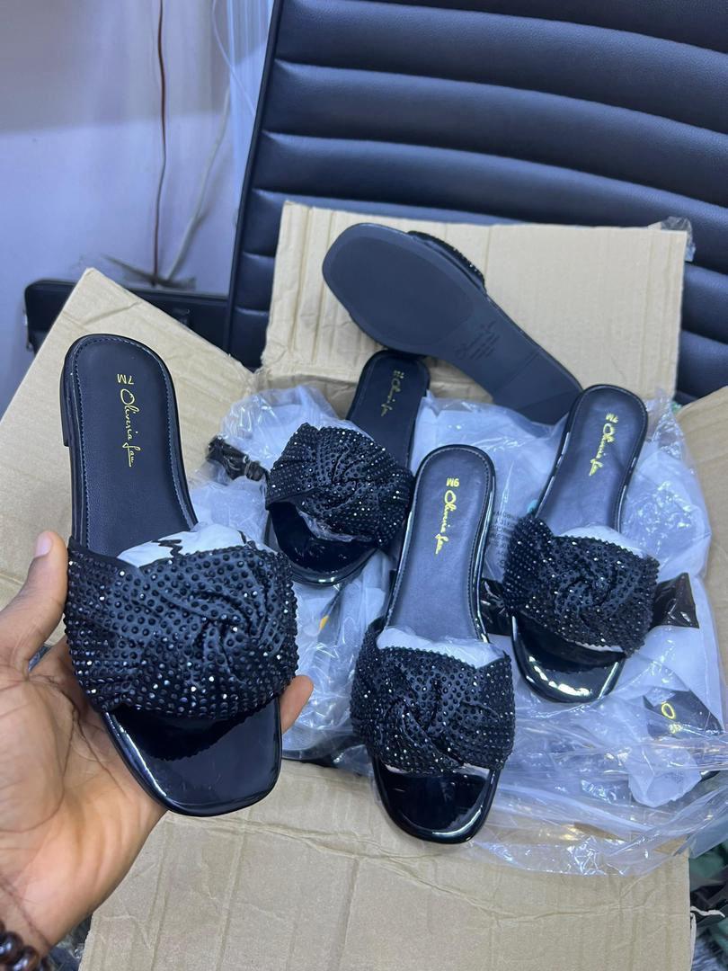 Olivia Miller Shimmering Crystal Knot Flat Slide Sandals - Black