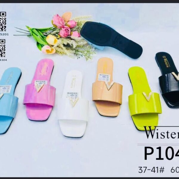 Wisteria Patent Leather Flat Slide Sandals with Gold V-Accent