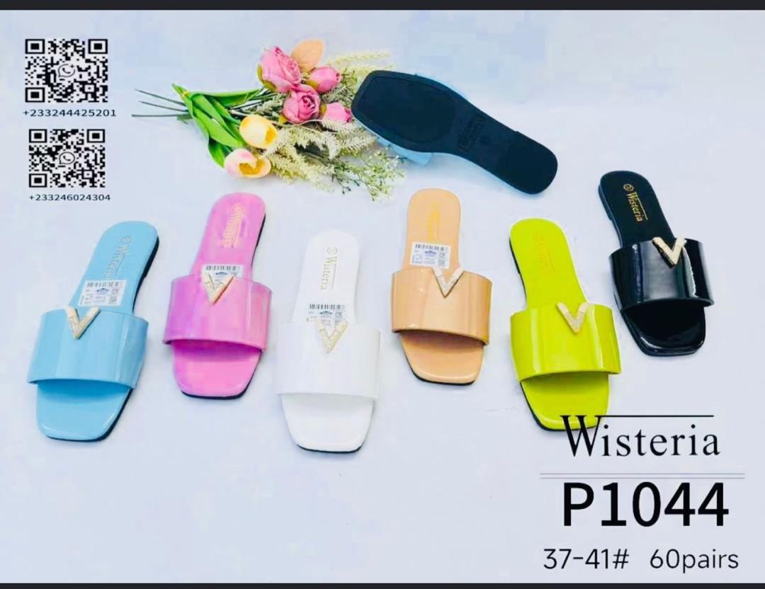 Wisteria Patent Leather Flat Slide Sandals with Gold V-Accent
