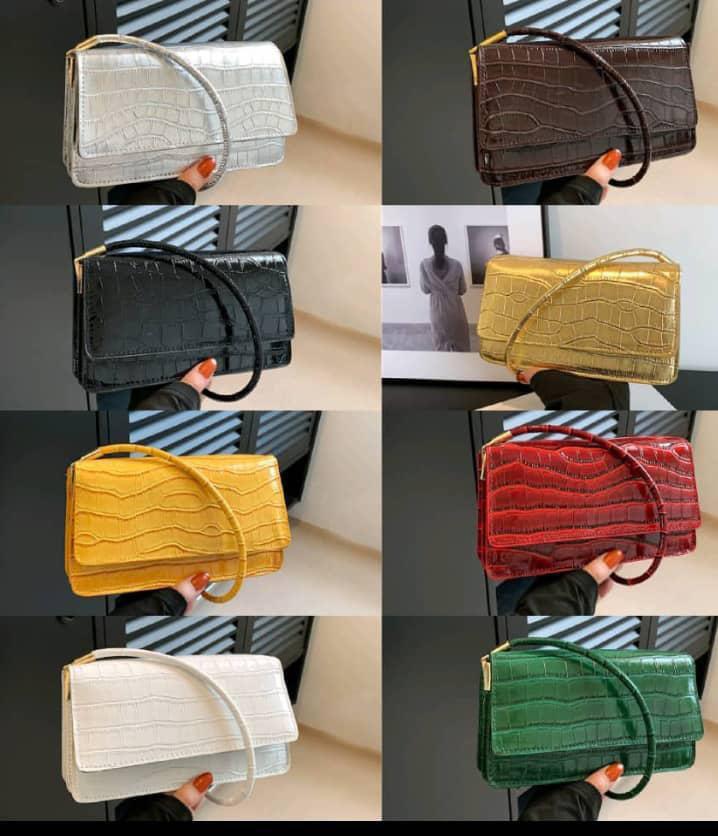 Luxe Croc-Embossed Baguette Handbag with Metallic Trim