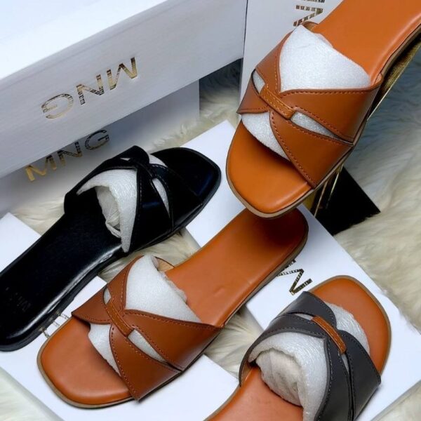MNG Classic Crossed Leather Flat Slides with Presentation Box