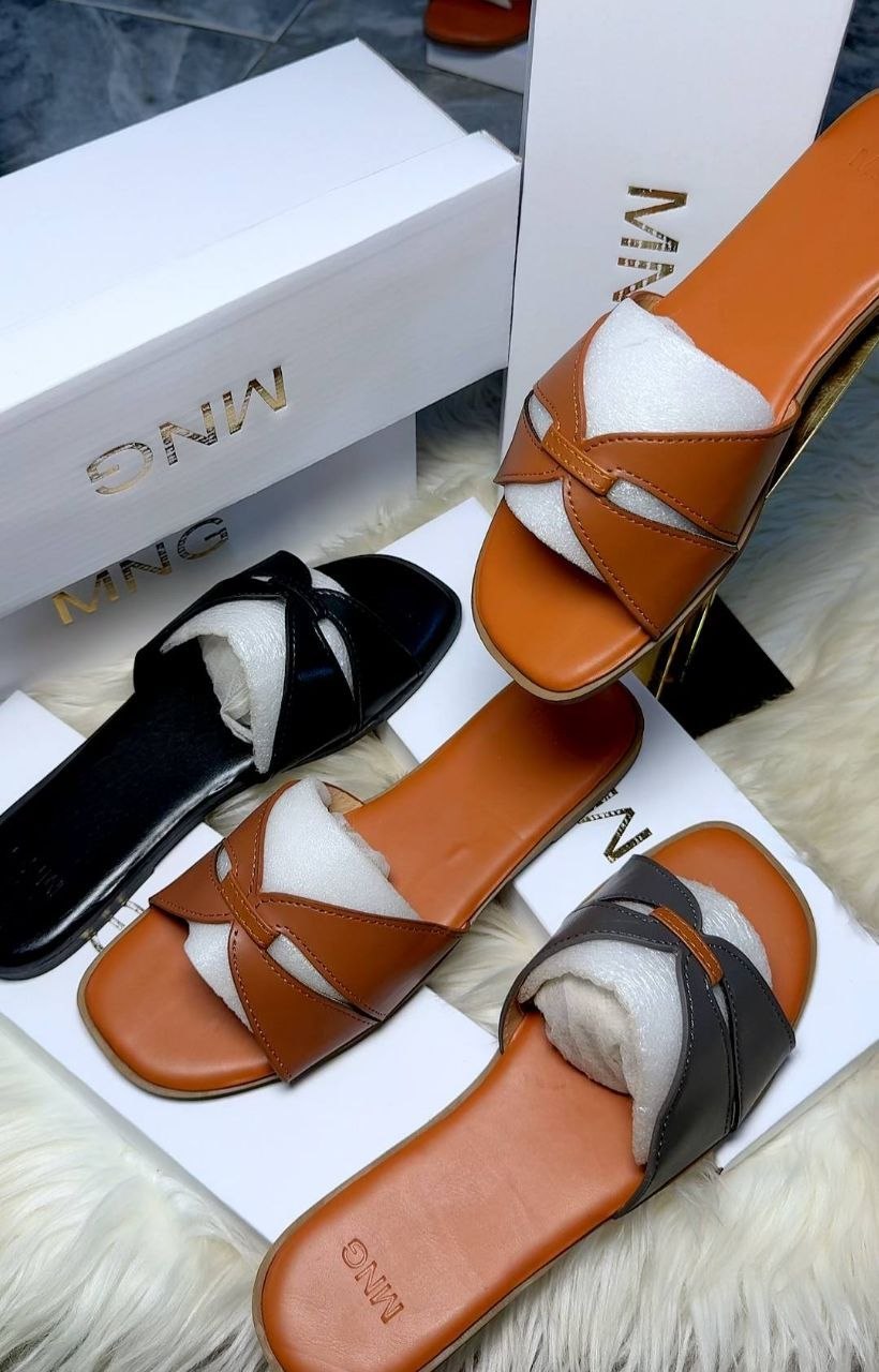 MNG Classic Crossed Leather Flat Slides with Presentation Box