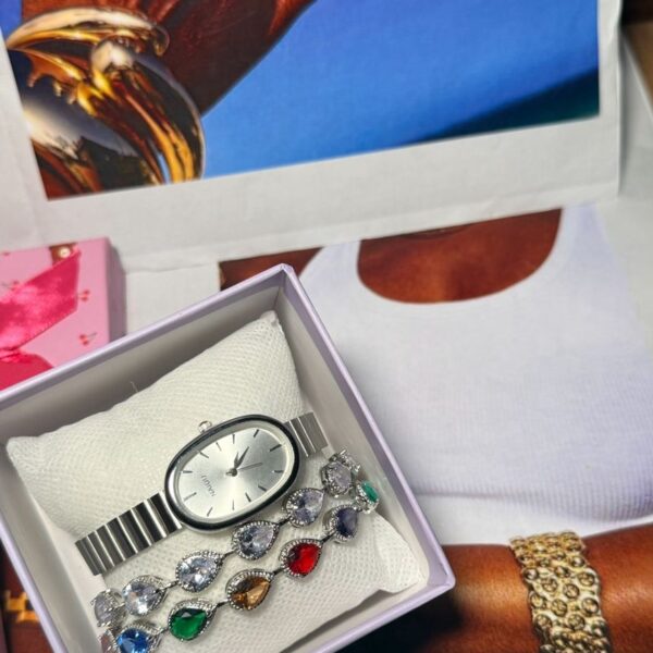 Naidu Luxury Oval Metallic Watch & Teardrop Crystal Bracelet Set